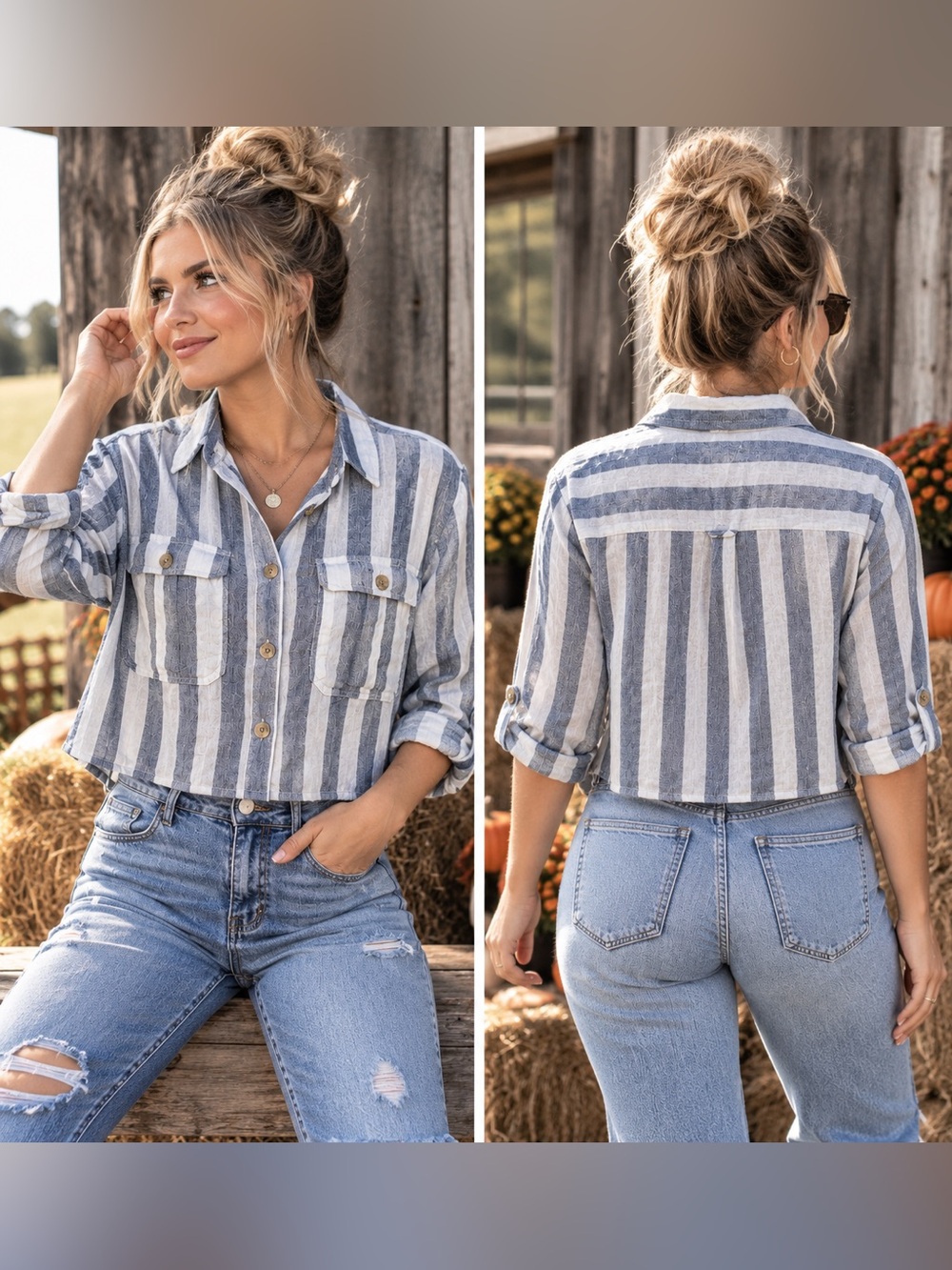 American Eagle Outfitters Blue & White Striped Cropped Button-Down Shirt
